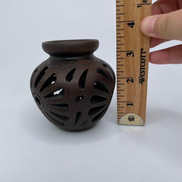 Hand engraved open work floral ceramic vase dark brown	small 3.5" - Picture 9 of 11